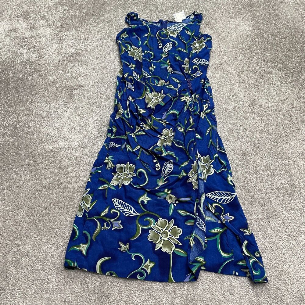 Studio Ease Vintage Midi Wrap Dress Womens 10 Blue Floral Sleeveless Slit Rayon